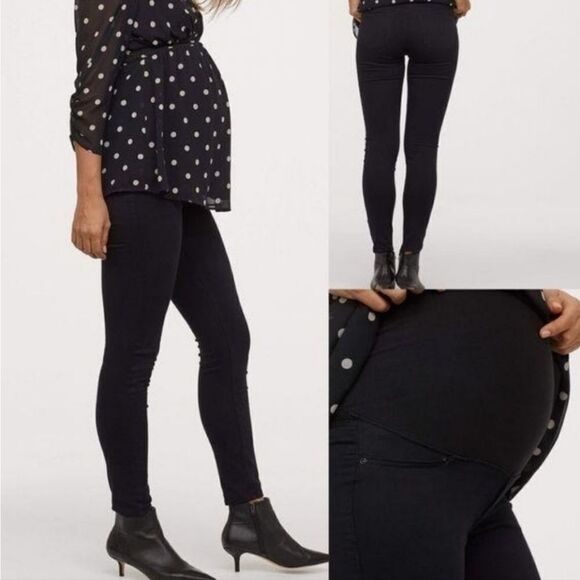 H&M Mama Black Treggings Twill Maternity Jeggings Skinny Jeans Full Belly Panel - Picture 2 of 8